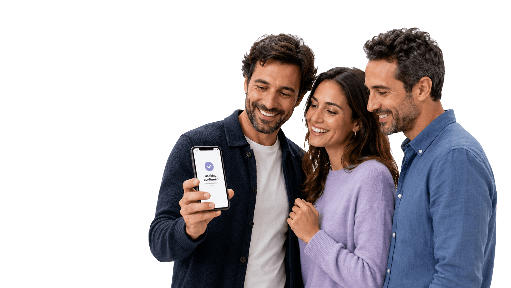 Friends confirming a Bookydays booking on a phone